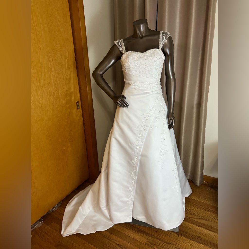 David’s Bridal Style T8612 Satin A-Line Wedding Gown.